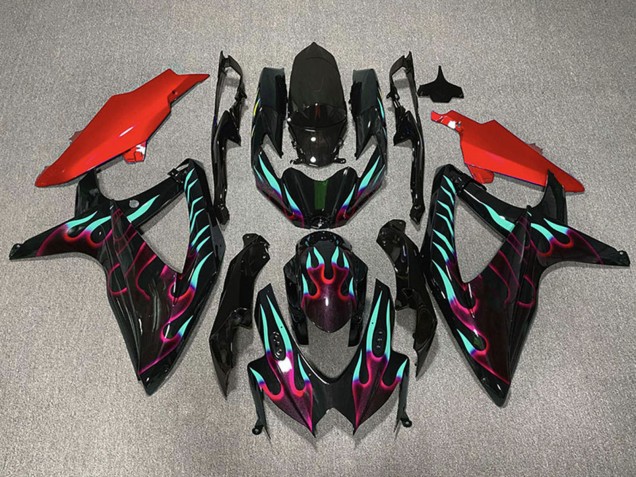 Acquista Carene Moto Suzuki GSXR 600 / GSXR 750 2008-2010 - Nero Lucido Rosso Ciano Fiamma