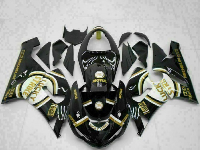 Acquista Carena Moto Kawasaki ZX6R 2005-2006 - Nero Lucido Bianco Oro Lucky Strike
