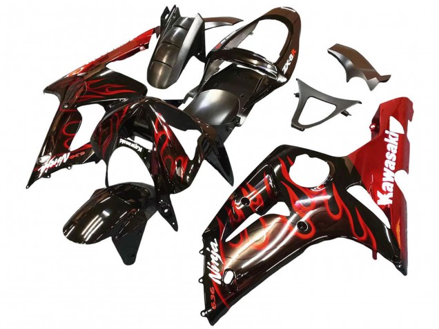 Acquista Carena Moto Kawasaki ZX6R 2003-2004 - Nero Lucido Rosso Fiamma