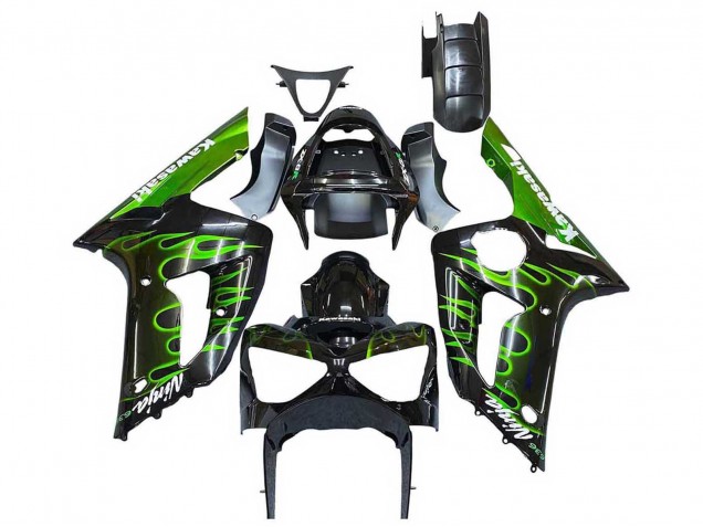 Acquista Carena Moto Kawasaki ZX6R 2003-2004 - Nero Lucido Verde Fiamma