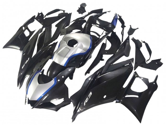 Acquista Carena Moto Yamaha YZF R3/R25 2022-2024 - Nero Fibra di Carbonio Stile Argento Blu