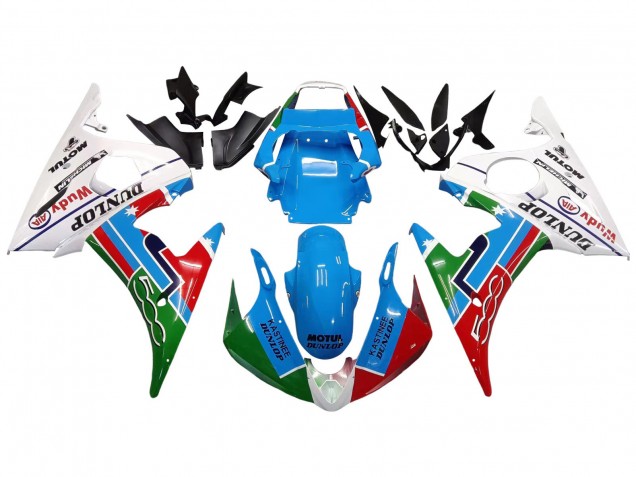 Acquista Carena Moto Yamaha YZF R6 2003-2004 - Bianco Blu Verde Rosso Kastinee Dunlop Motul