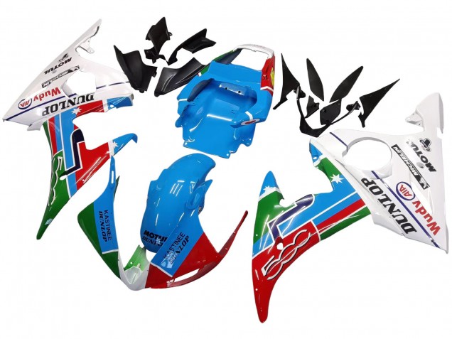 Acquista Carena Moto Yamaha YZF 600 R6 2005 - Azzurro Chiaro Bianco Verde Rosso Kastinee Dunlop Motul