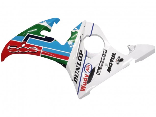 Acquista Carena Moto Yamaha YZF 600 R6 2005 - Azzurro Chiaro Bianco Verde Rosso Kastinee Dunlop Motul