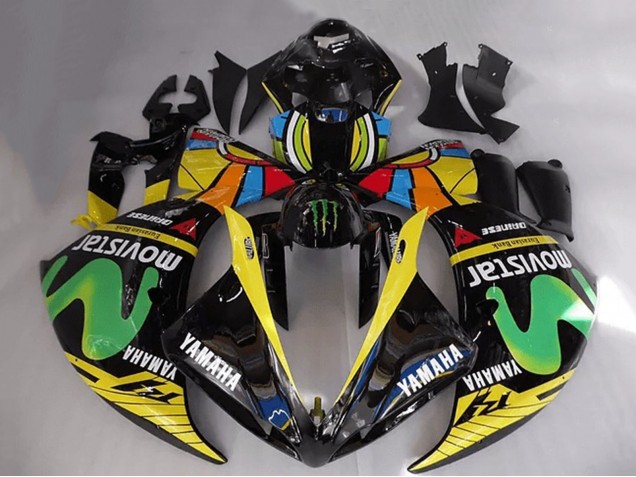 Acquista Carena Moto Yamaha YZF R1 2012-2014 - Nero Lucido Giallo Verde Bianco Blu MoviStar Mostro